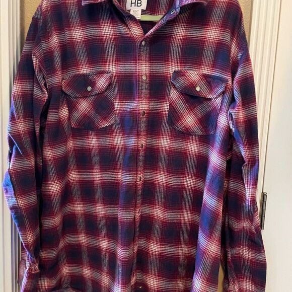 HB Men’s Maroon Navy Metal Snap Flannel Long Sleeved Shirt 2XLT - Picture 2 of 14